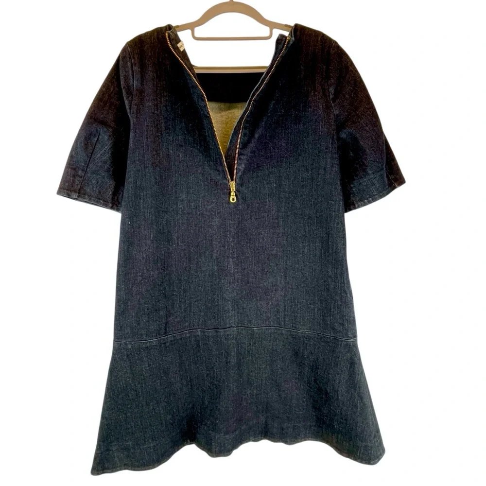 & Other Stories Dark Wash Denim Mini Dress Drop Waist Short Sleeve Pockets Sz 6